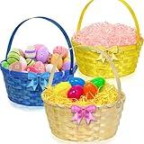 TURNMEON 3 Pcs Easter Baskets for Kids, Colorful Bamboo Woven Easter Egg Hunt Buckets with Handle, Easter Kids Multi Item Party Favor Packs for Picnic Preschool Classroom Prizes Spring Decor Gifts