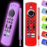 OneBom (2pcs) Silicone Remote Cover for Firetv 4K Max (2nd)/ Insignia/Pioneer/Omni (QLED) Series Alexa Voice Remote Enhanced w, Anti-Slip Protective Case with Same Color Lanyard(Glow Purple&Red)