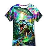 Evensu Boys Shirts for Girls Kids Dinosaurs Neon T-Shirt Novelty Short-Sleeve Summer 3D Print Crew Neck Funny UFO Tops 6-8 Years Holidays School Clothes Size 6 7 8