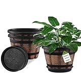 Quarut 3 Pack 10 inch Plant Pots,Whiskey Barrel Planters with Drainage Holes & Saucer, Plastic Decoration Flower Pots Imitation Wine Barrel Design, for Indoor & Outdoor Garden Home Plants (Brown)