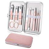 Manicure Set, Travel Mini Nail Clippers Kit Pedicure Care Tools, 10pcs Stainless Steel Grooming kit (Pink)