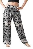 B BANGKOK PANTS Harem Pants Women Hippie Clothes Boho Pants with Pocket (Black Elephant, One Size)