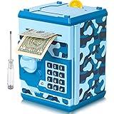 ATM Piggy Bank for Boys Girls, Vcertcpl Mini ATM Coin Bank Money Saving Box with Password, Kids Safe Money Jar for Adults with Auto Grab Bill Slot, Great Gift Toy Bank for Kids(Camouflage Blue)