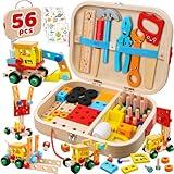 Goodfuns 56 Pcs Kids Tool Set for Toddlers, Montessori Educational STEM Toys, Construction Learning Toys with Tool Box, Wooden Building Kit for 3 4 5 6 7 8 9 10 Years Old Boys Girls Birthday Gifts