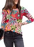 EVALESS Summer Fall Tops for Women Fashion 2025 Long Sleeve Tops Crewneck Shirts Floral Print Sweatshirts Casual Outfits Multicolour X-Large
