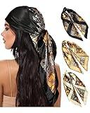 AWAYTR 35” Large Square Satin Head Scarf - 3Pcs Satin Hair Scarves Silk Bandana Scarf Headscarf Silk Feeling Scarf for Women (Cashew(camel/Black/Beige))