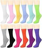 Falari 12 Pairs Women's Cotton Crew Socks Assorted Colors (12 Assorted)