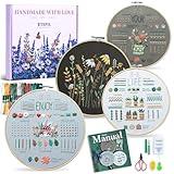 ETSPIL Embroidery Kit for Beginners, 4 Floral Patterns, Learn 33 Stitches, Pre-Printed Fabric, 7.8-Inch Hoop, Colored Threads and Needles, Easy Video Guide, DIY Hand Sewing Gift for Adults and Teens