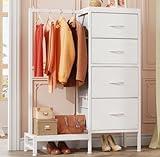 HIGDBFE Dresser with Hanging Rack, 4 Drawers Small Closet for Bedroom, Reversible Fabric Kids Chest of Drawers with Clothes Rack, Tall Storage Tower, Sturdy Frame, White, 44''H