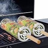 Nesting Grill Baskets (2 PCS), 304 Stainless Steel with Removable Wooden Handle, Rolling Grilling Net, BBQ Accessories Tools for Vegetables Shrimp, Outdoor Camping, Gifts for Men Dad and Husband