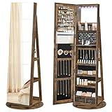 SONGMICS 6 LEDs Lockable Mirror Jewelry Cabinet, 360° Swivel Jewelry Organizer Armoire Standing, Frameless Full-Length Mirror, 3 Storage Shelves, Rustic Brown Surface, Black Lining UJJC007X01