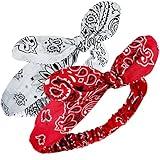 2 Pieces Bandana Headband for Women, Knot Retro Print Headbands Paisley Print Headband Headwrap Adjustable Headwrap(Red, White)