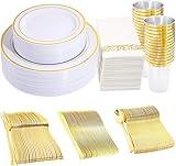 350 Pieces White and Gold Plastic Plates - 50 Guest Dinnerware Set Include 100 Plates, 50 Gold Plastic Silverware, 50 Paper Napkins and 50 Cups for Party,Wedding