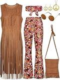 SOMSOC 7 Pieces 70s Women Hippie Costume Set Includes Fringe Vest Bag Pants Headband Peace Sign Necklace Earrings Sunglasses for Halloween (Brown)