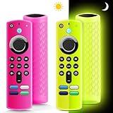 (2 Pack) Fire Stick Remote Cover 3rd Gen with Alexa Voice Remote,Fire TV Remote Cover Glow in The Dark, Anti Slip Shockproof Silicone Protective Case with Lanyard(Glow Yellow&Not Glow Rose Red)