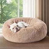 Bedsure Calming Dog Bed Medium Size Dog - Donut Washable Medium Pet Bed, 30 inches Anti-Slip Round Fluffy Plush Faux Fur Cat Bed, Fits up to 45 lbs Pets, Camel