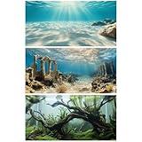 COMSUN 3 Pack Aquarium Background, 36x18 inches Polyester Aquarium Background, Cloth Fish Tank Background, Undersea Ruins Floor Sunshines & Tree Wood Branches Aquatic Plants