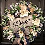 Spring Summer Wreath for Front Door,Farmhouse Magnolia Porch Decoration,Front Door Hanger,Housewarming Gift, Buffalo Plaid Year Round Wreath,Summer Home Decor