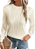 EVALESS Women's Long Sleeve T Shirts 2024 Fashion Dressy Casual Spring Summer Fall Crew Neck Loose Fit Textured Tops Plain Basic Tee Blouses Clothes,Beige Small