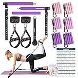 Pilates Bar Kit with Resistance Bands, 3-Section Pilates Bar with Clear Scale & Adjustable Metal Buckle, Durable Carabiner, Pilates Bar Kit for Women Full-Body Workout - Purple