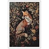 Vintage Fox Poster William Morris Wall Art Print Retro Mid Century Animal Country Floral Cottagecore Dark Academia Decor Canvas Prints Gothic Posters for Office Bedroom Living Room 8x12inch Unframed