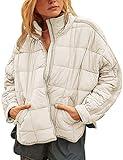 Bianstore Women's Oversized Splice Quilted Lightweight Puffer Jacket Casual Padded Coat (Khaki-Small)