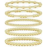 Dodder Gold Beaded Bracelet for Women, 14K Gold Plated Strand Stretch Bracelet Stack, Elastic Bead Bracelet Set