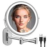 Rechargeable Wall Mounted Lighted Makeup Vanity Mirror 8 inch 1X/10X Magnifying Bathroom Mirror with 3 Color Lights, Double Sided with Dimmable LED Lights, Extended Arm 360° Swivel Extension Mirror