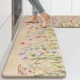 KIMODE Anti Fatigue Kitchen Mat, 17"x47"+17"x29" Floral Kitchen Rugs Sets of 2, Farmhouse Kitchen Floor Mats Non-Slip Cushioned, Comfort Standing Desk Mat for Sink, Laundry,Home Brown
