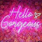 Hello Gorgeous Neon Sign Hello Beautiful Pink LED Neon Lights for Home Wedding Birthday Backdrop Bacelorette Party Wth Dimmable Switch(5V,16.5X10.6inches)