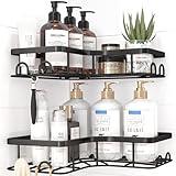 Sakugi Corner Shower Caddy - 2 Pack, Adhesive Shower Organizers, Rustproof Stainless Steel Shower Shelves with 8 Hooks, No Drilling Bathroom Organizers and Storage Racks, Space-Saving, Black,Medium
