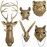 GUASDIE Animal Heads Wall Decor, Faux Deer Head Mount, Animal Sculptures Wall Decor, Resin Animal Head Wall Hanging Decoration for Living Room Bedroom Kitchen Gift,5pcs