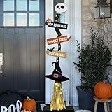 DAZONGE Halloween Decorations -Lighted Wooden Witch’s Broom for Indoor Outdoor Porch Yard Decor - Spooky Light up Halloween Witch Decorations Sign