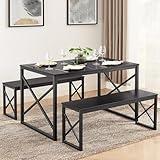 VECELO Kitchen Table with 2 Benches for 4, Wood Dining Room Dinette Sets with Metal Frame for Breakfast Nook and Small Space, Black