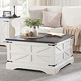 JXQTLINGMU Farmhouse Coffee Table, Square Wood Center Table with Large Hidden Storage Compartment for Living Room, Rustic Cocktail Table with Hinged Lift Top for Home, White