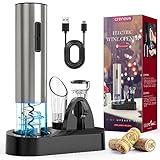 Crenova 6-in-1 Wine Opener Electric Rechargeable Automatic Corkscrew Bottle Opener set with Vacuum Stopper, Aerator Pourer, Foil Cutter, Display Base & USB Charging Cable, Silver