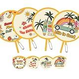 SUJJY 4 Pack Beach Style Hand Fan, Foldable Multi-Role Round Fans for Travel, Events, Indoor & Outdoor (Beach More)