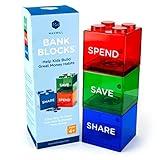 Save Spend Share Piggy Bank for Kids - Clear Transparent Plastic Coin Banks for Boys & Girls - Teach Children About Giving & Saving Money - Block Banks by Maxwill