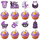 32 PCS A Baby is Brewing Halloween Cupcake Toppers Glitter Carriage Bottle Welcome Baby Shower Cupcake Picks for Halloween Theme Gender Reveal Birthday Party Cake Decorations Supplies Purple