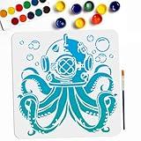 MAYJOYDIY Octopus Ocean Stencils 11.8×11.8inch Large Helmet Octopus Tentacle Bubble Templates with Paint Brush Summer Ocean Life Animal Drawing Stencils for Crafts Wood Fabric Wall Furniture