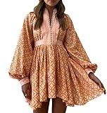 Aox Women Button Down Shift Swing Dress Ruffle Sleeve Tunic Midi Sundress Pockets Mini Skirt with Waist Strap (X-Small, Orange 202215)