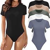 MLYENX 5 Pack Body Suits for Womens Short Sleeve Round Neck Casual Stretchy Basic T Shirt Bodysuit Tops