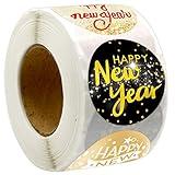 Happy New Year Stickers Black & Gold New Year Labels 500Pcs Faux Glitter Tags for Holiday Party Decoration