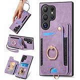 for Samsung Galaxy S24 Ultra Case with Card Holder for Woman Man,PU Leather Flip Folio Wallet Case,RFID Blocking Ring Holder Kickstand Wrist Strap Magnetic Protective Cover for Galaxy S24 Ultra Purple