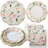 Kate Aspen 62 Piece Floral Brunch Tableware Party Kit - 16pcs 7 inch & 9 inch Heavy Duty Disposable Party Plates, 30pcs 6.5 inch Durable Paper Napkins for Birthday, Baby Shower Party