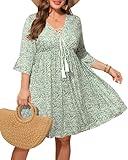 Plus Size Sundress Women Summer Floral Light Green Casual Boho Mini V Neck Short Sleeves Flowy Beach Sun Dress