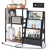 Bikoney Record Player Stand with Power Outlet, Turntable Stand with 3-Tier Vinyl Record Storage, Record Player Table Up to 200 Albums, Vinyl Records Shelf, Vinyl Record Holder Cabinet for Living Room