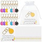 Liliaafar 50 Set First Day of School Gifts for Students Smile Face Keychain Bulk and Inspirational Cards with Organza Bags Back to School Student Gift Welcome to Your New Class