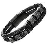 COOLSTEELANDBEYOND Mens Double-Row Black Braided Leather Bracelet Bangle Wristband with Black Stainless Steel Ornaments