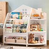 VEELOK 3 Tier Kids Bookshelf Bookcase, House Shape Book Shelf for Kids Rooms Nursery, Montessori Bookshelf, Kids Book Shelf and Toy Storage for Toddler Children, White